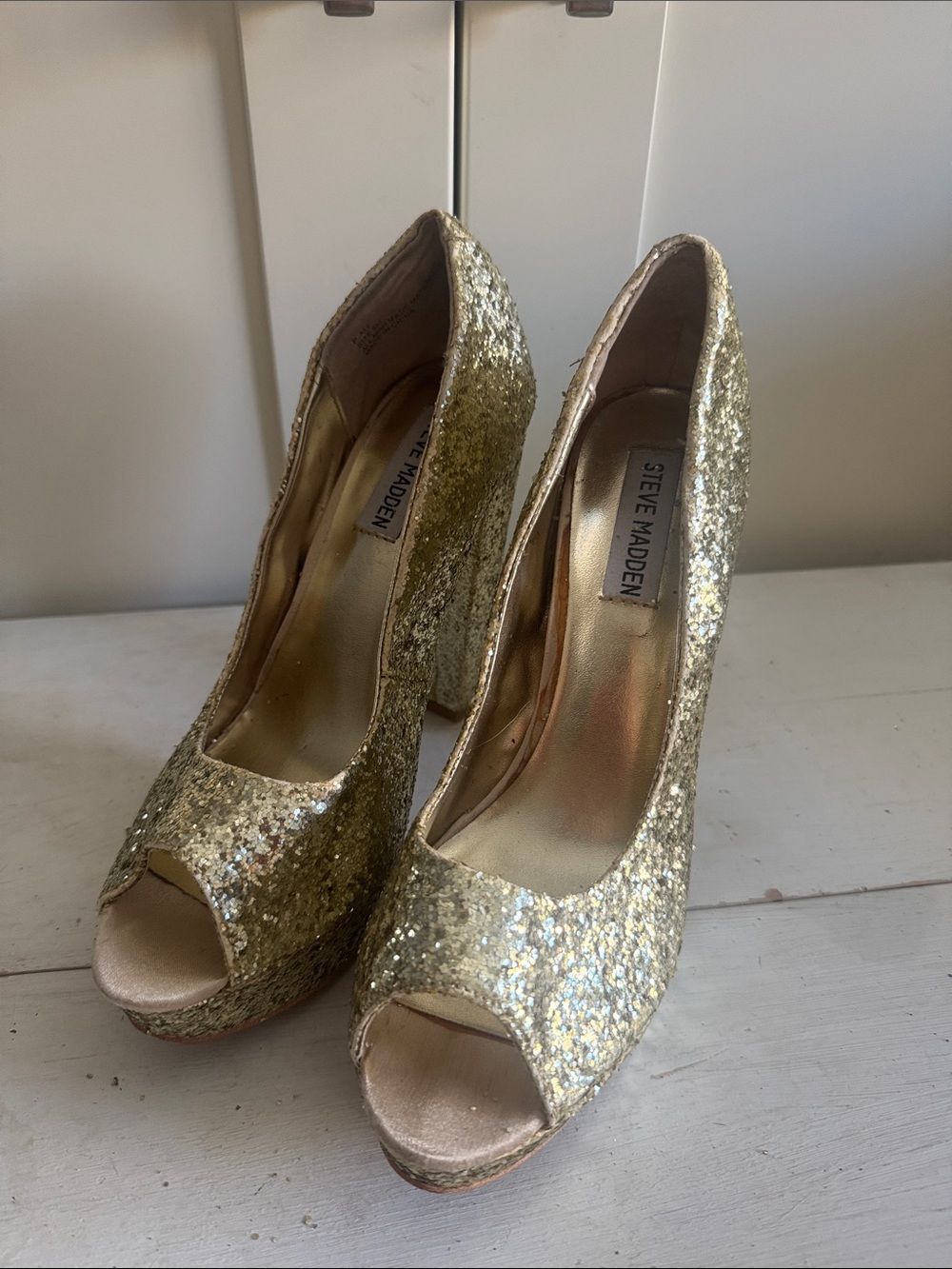 Steve Madden Gold Sequin Peep-Toe Platform Pumps